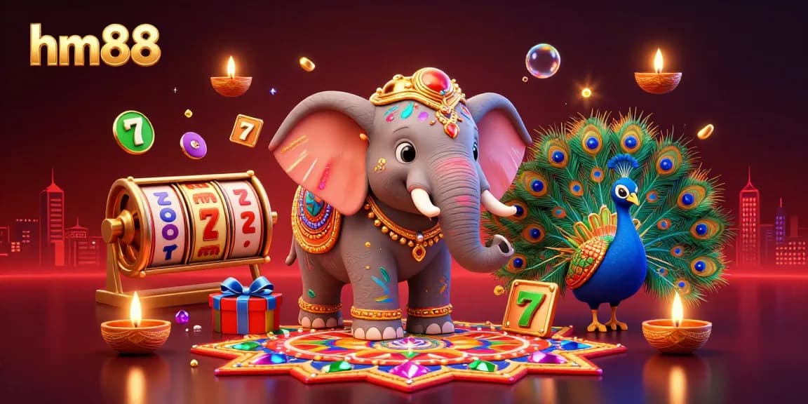The hm88 casino experience bursts with energy as the Diwali-themed elephant and peacock celebrate in a vibrant digital illustration, filled with slot reels and gems.