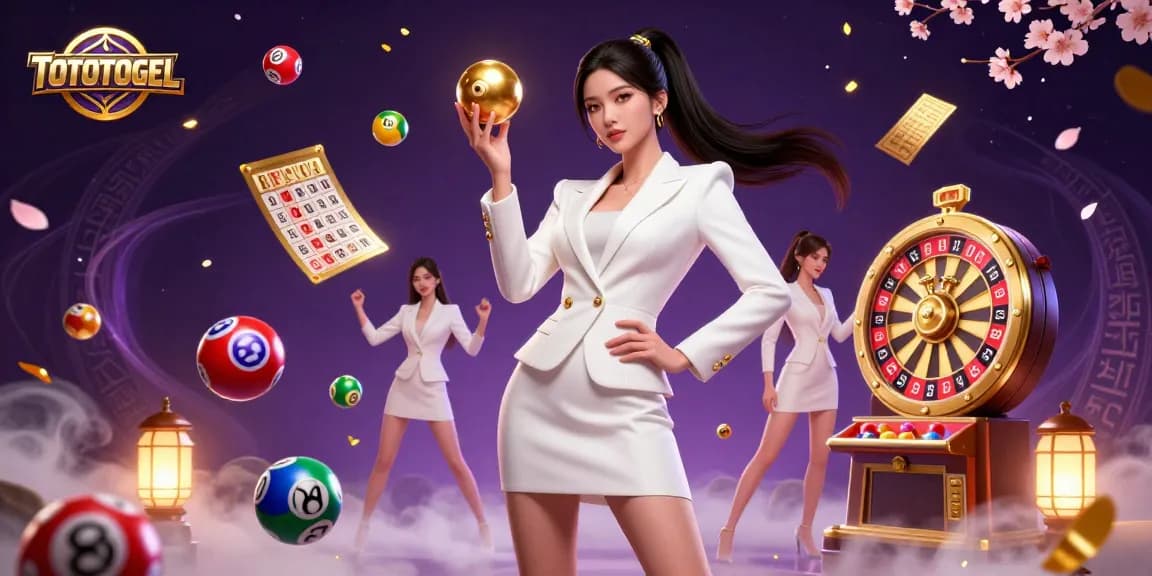 Experience the excitement of TOTOTOGEL with a dynamic illustration showcasing a confident Asian woman in luxury casino style.