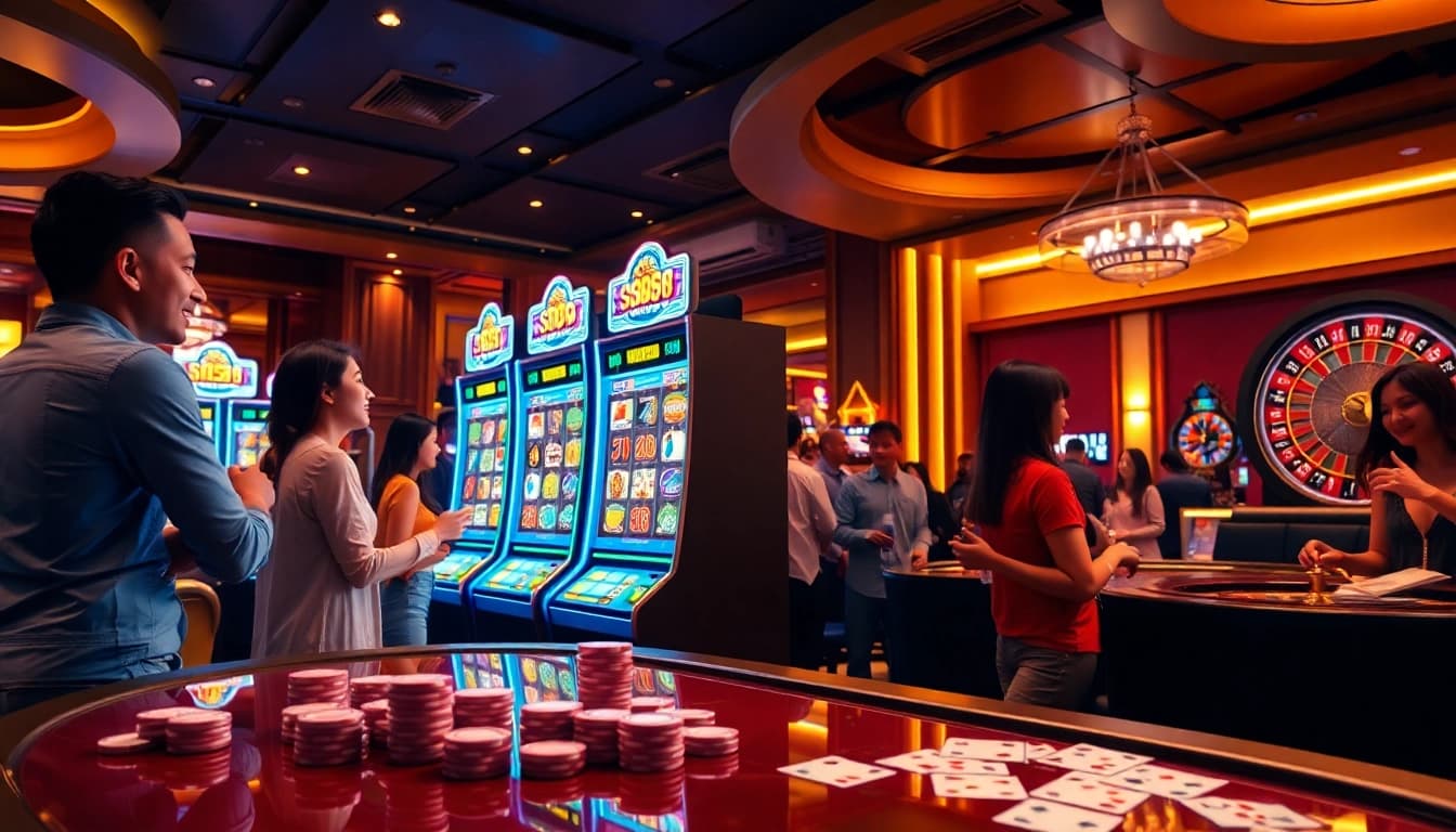 Playing slot88 at an exciting casino, surrounded by vibrant gaming elements and enthusiastic players.