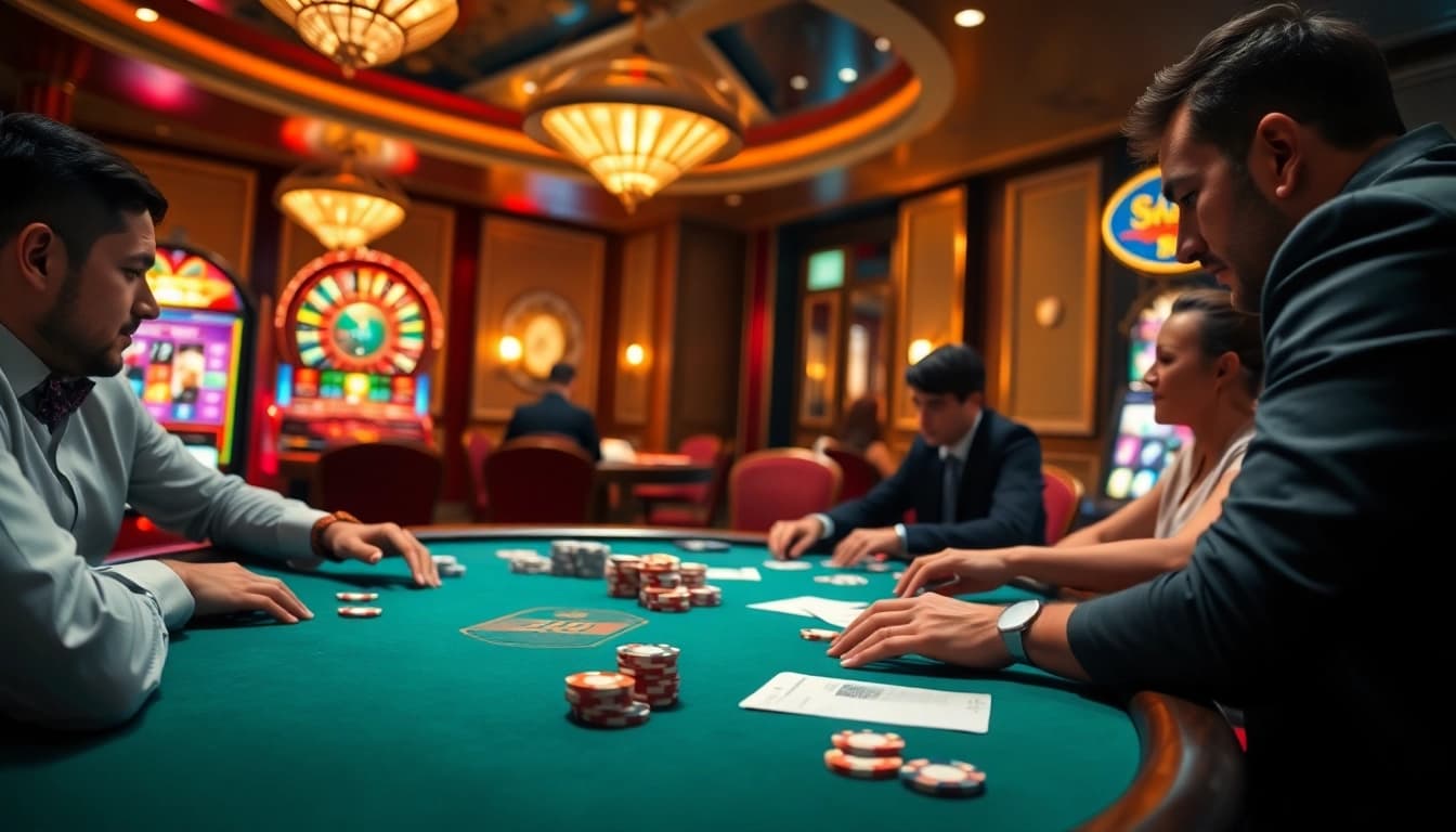Exciting poker action at https://urr88.com/ with chips, cards, and a roulette wheel.