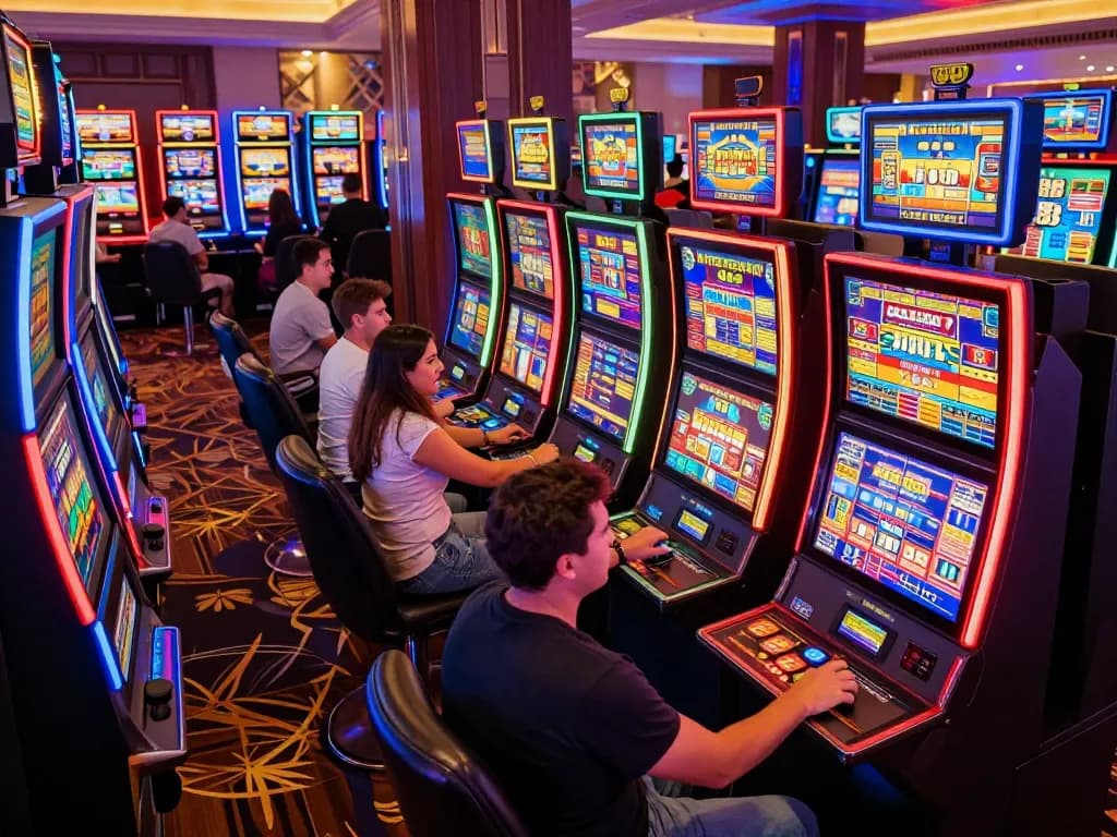 Players enjoying vibrant slot machines at AU88 casino, capturing the excitement of gaming action