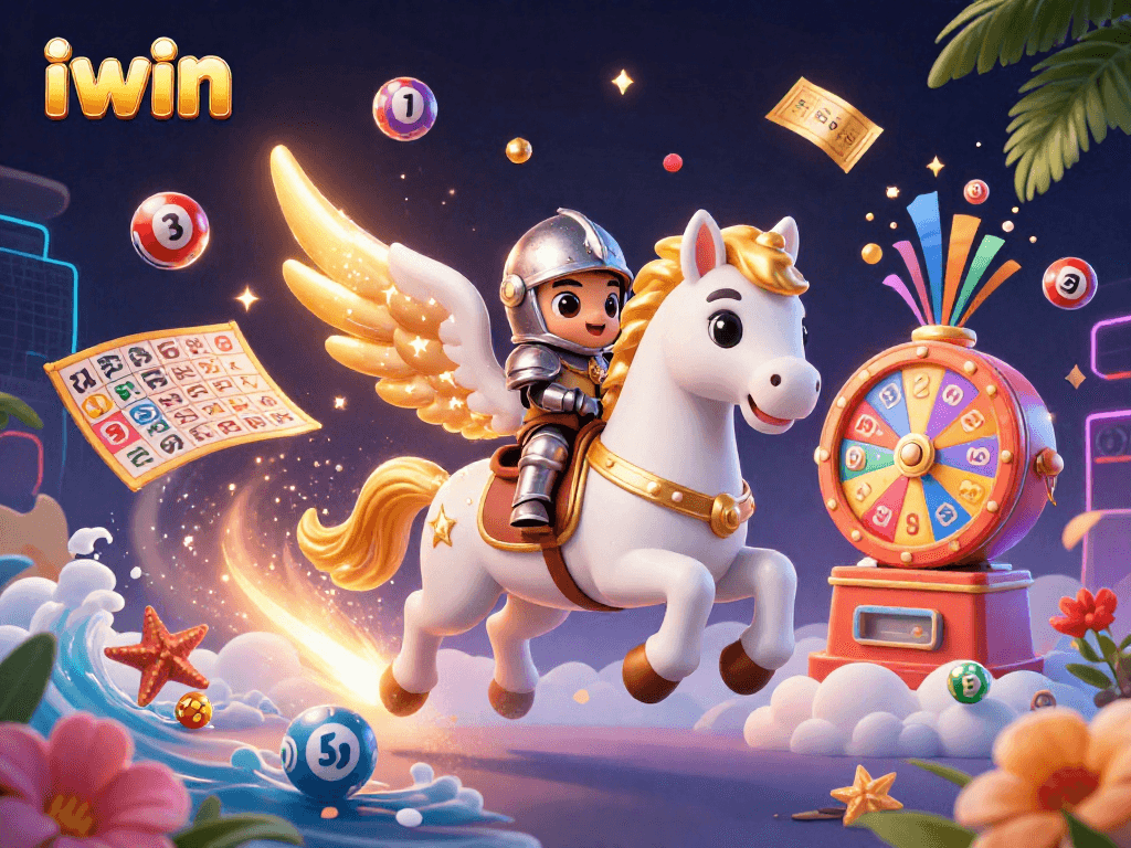 iwin promotes excitement with a celestial horse, knight, and vibrant lottery game elements.