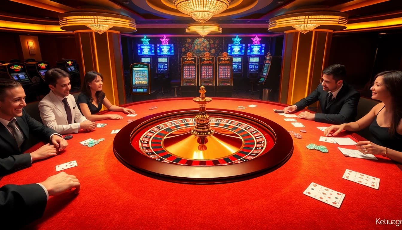Experience the thrill of Ketquaxoso with an exciting casino scene featuring a roulette wheel, poker tables, and bright slot machines.