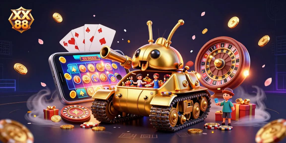 Experience the thrilling XX 88 casino adventure with a golden beetle tank and slot games.