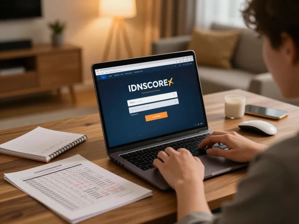 Login to IDNScore through a stylish home gaming setup, showing strategic betting preparation.