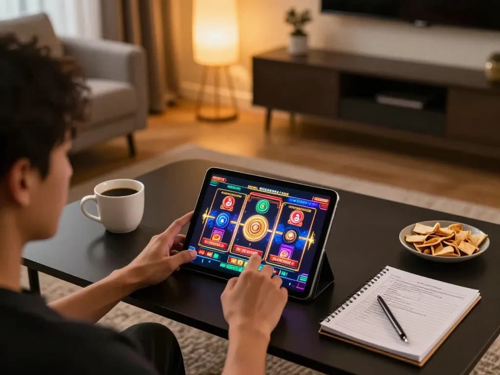 Pemain Tempo 123 terlibat dalam permainan slot online di suasana rumah yang nyaman dengan strategi dan camilan