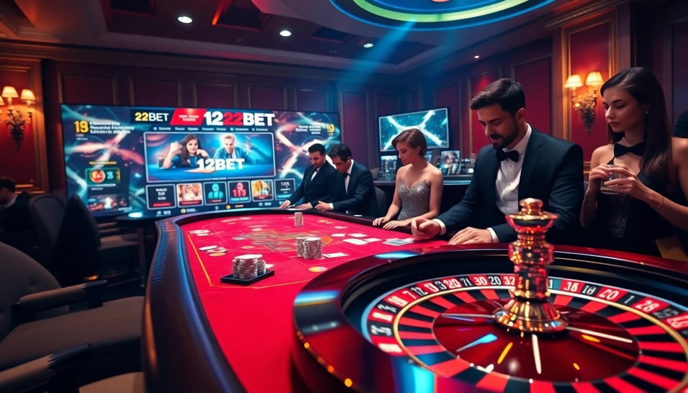 Exciting gameplay at 12BET with poker chips and a roulette wheel in a luxurious casino setting.
