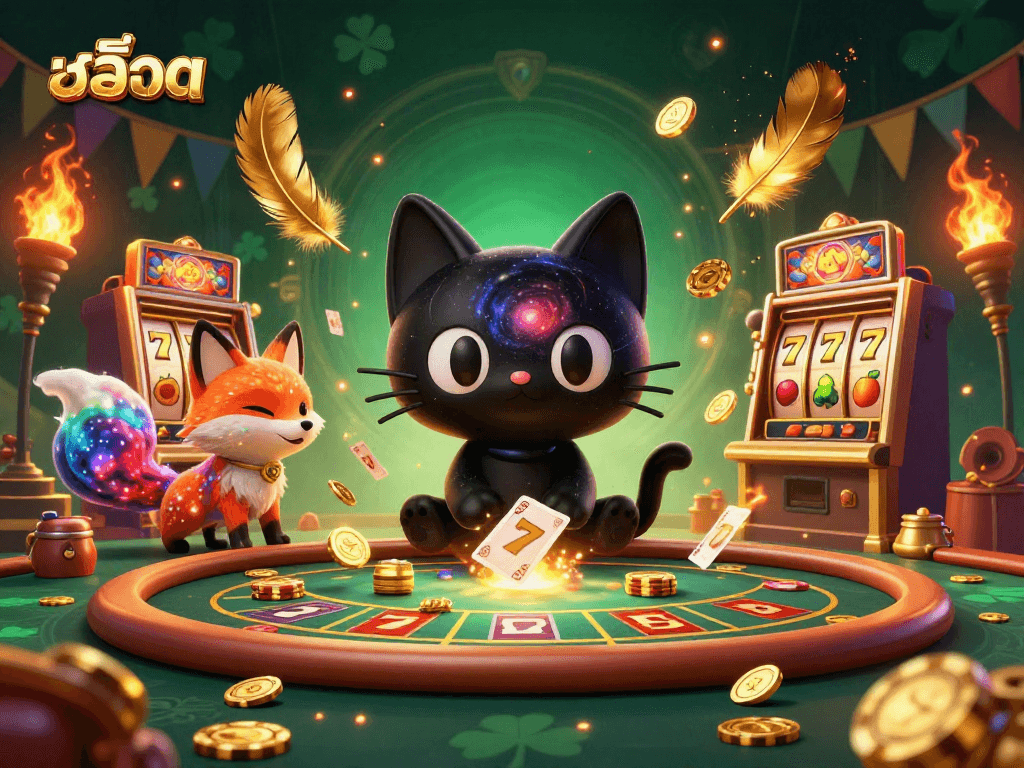 Experience excitement with สล็อต at a vibrant cosmic casino featuring an animated black hole cat and nebula fox.
