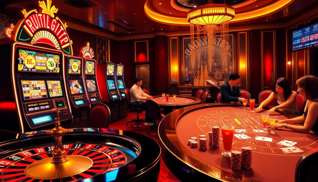Experience the thrill of betting at https://rikbet1.cn.com/ with a vibrant casino scene showcasing roulette and slot machines.