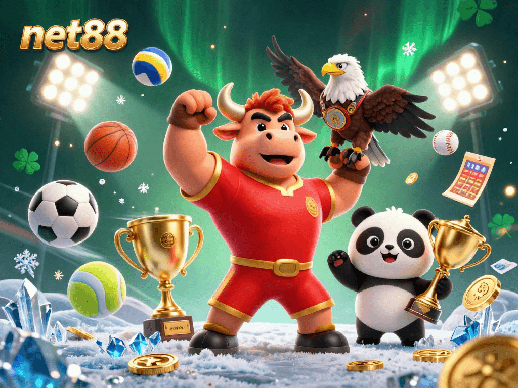 net88 showcases a victorious bull mascot celebrating sports betting with vibrant elements and a trophy.