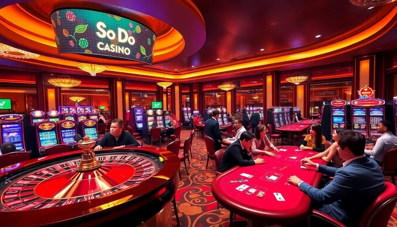 Experience the thrill at So Do Casino, where players are engaged in exciting gambling activities.