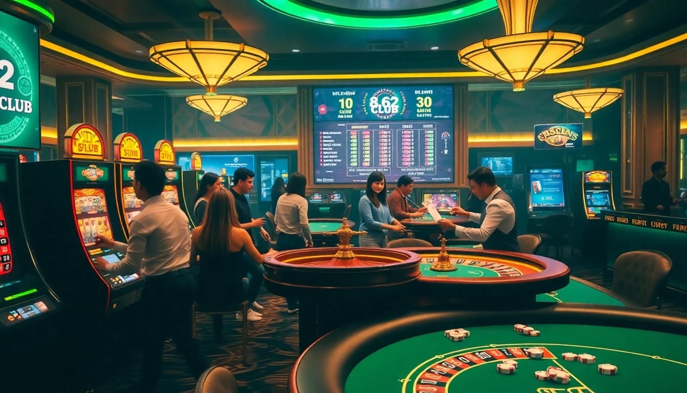 Vibrant scene of B52CLUB gaming with players at roulette and poker tables.