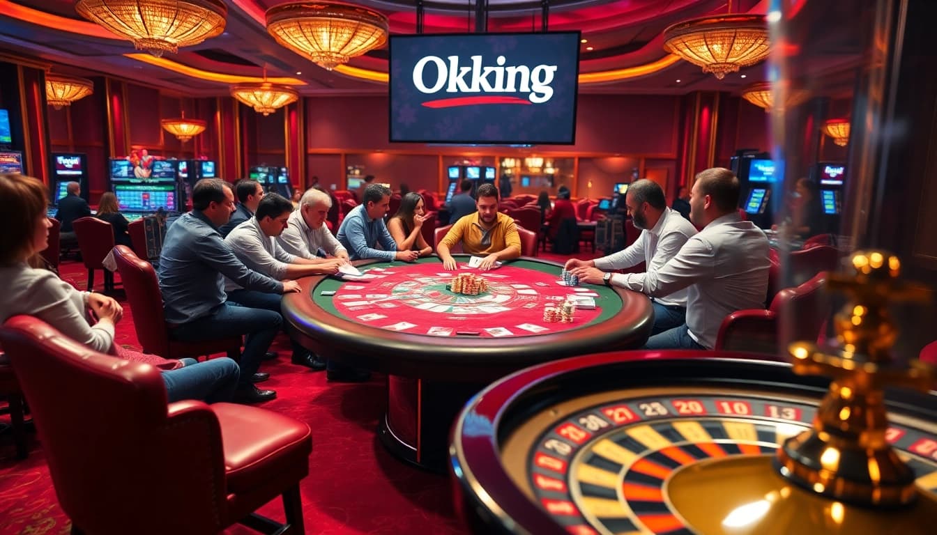 Gambling scene featuring the Okking logo, vibrant poker table, chips, and a roulette wheel.
