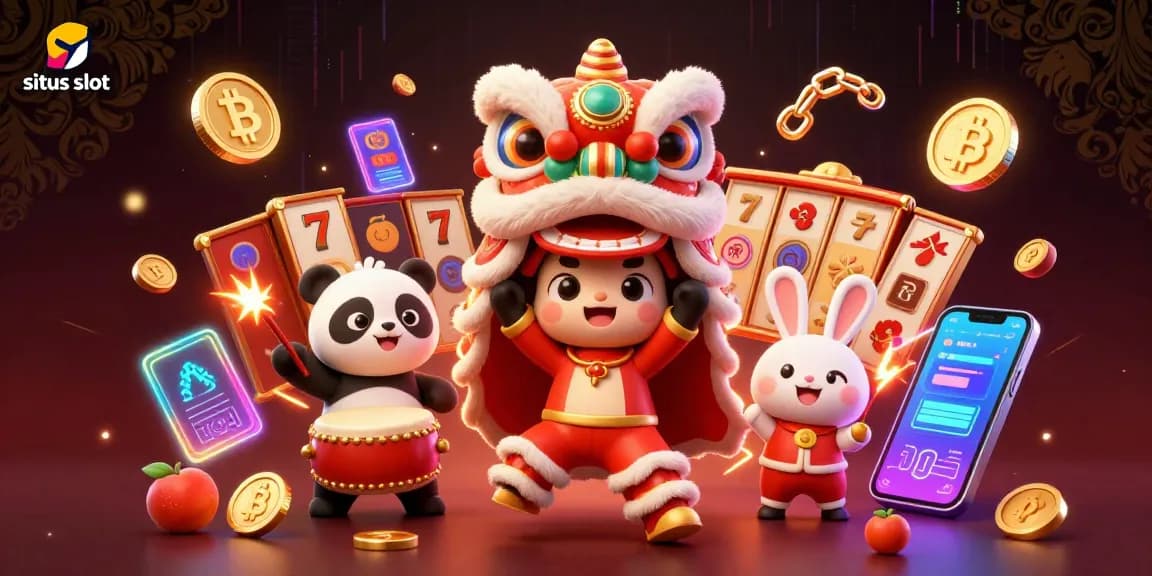 Experience the excitement of situs slot with a vibrant 3D illustration featuring a lion dance and crypto elements.