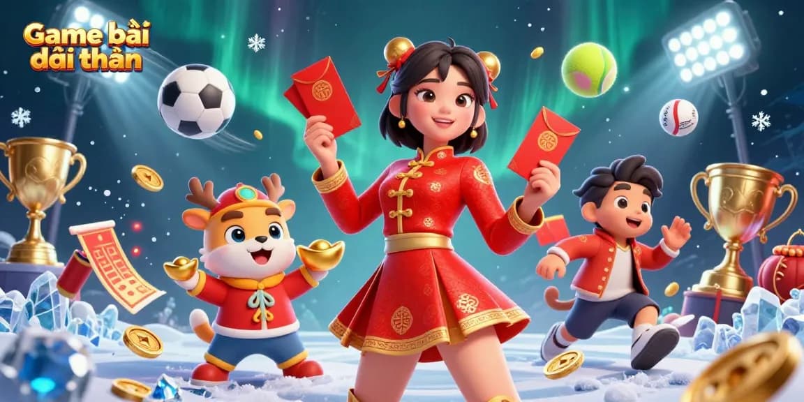 Play and win in Game bài đổi thưởng with 3D festive characters and dynamic sports elements.