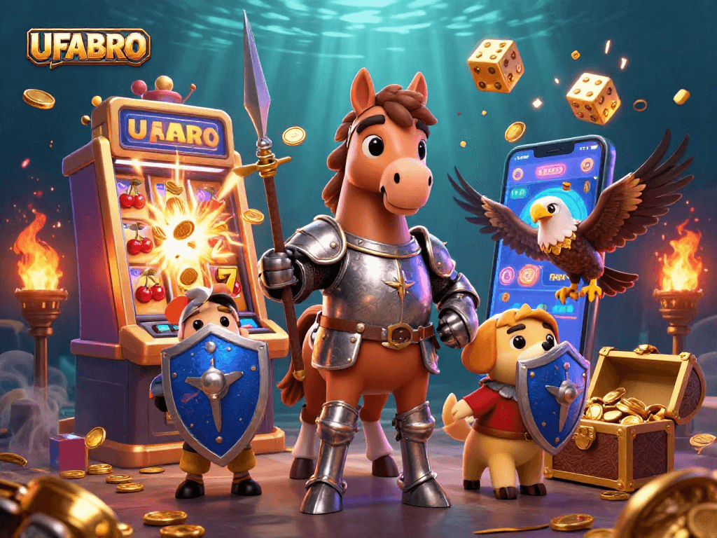 Engage with UFABRO's vibrant casino experience as a knight battles luck amidst bursting jackpots and golden treasures.