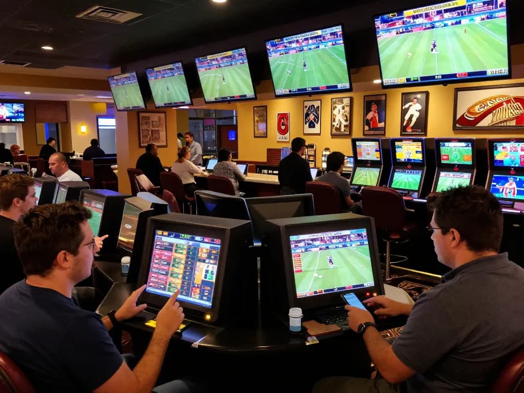 Betting on sports events at a lively casino, focusing on cược thể thao with screens showing live games.
