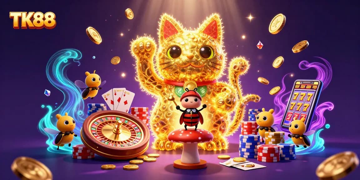 Experience TK88 with a mesmerizing golden lucky cat surrounded by vibrant casino elements.