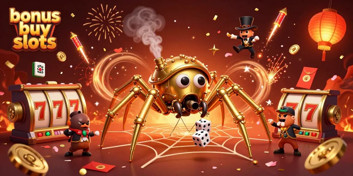 Experience thrilling bonus buy slots action with a steampunk spider and lively game elements.