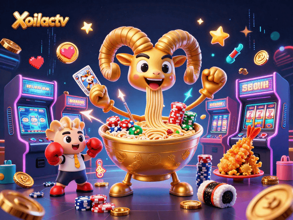 Xoilactv brings casino excitement with a cartoon ramen bowl character dealing cards and sports vibrant gaming elements.