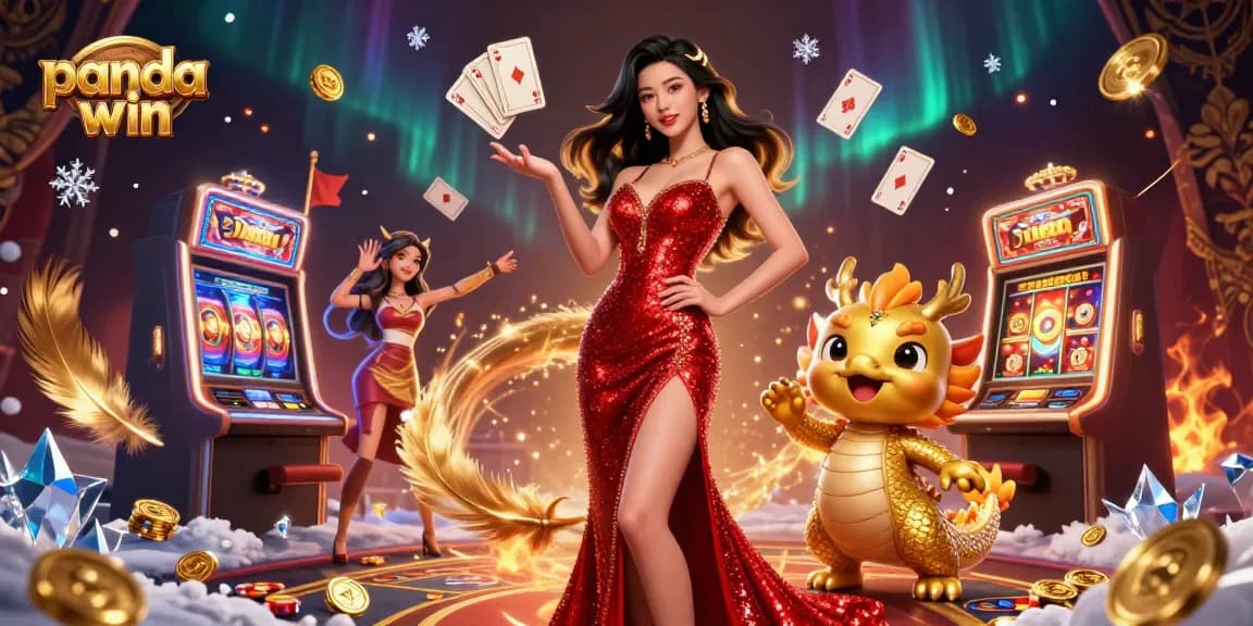 Panda win menampilkan seorang wanita Asia yang menakjubkan dan maskot naga emas dalam adegan kasino slot 3D yang hidup dengan elemen permainan yang dinamis.