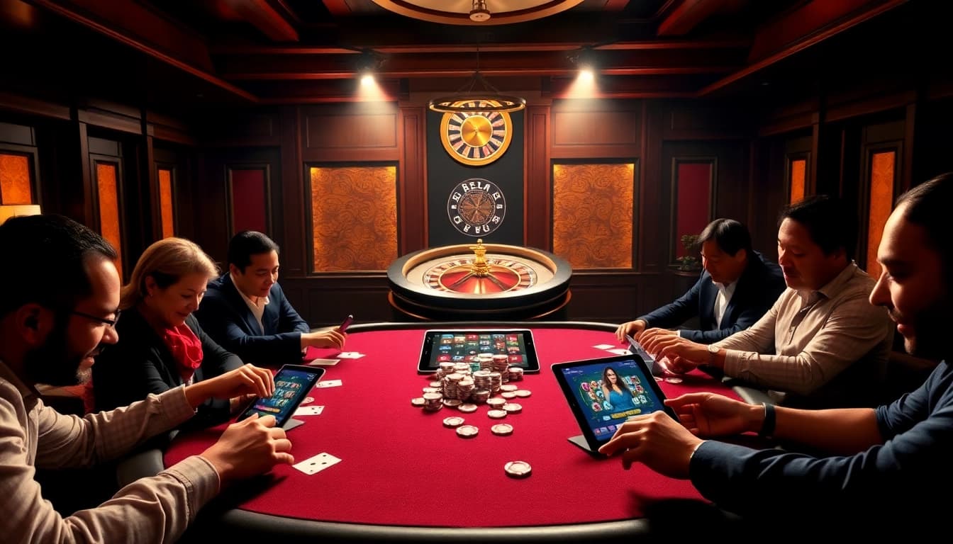 Play exciting poker at 68win’s luxurious casino table, surrounded by action and branding.