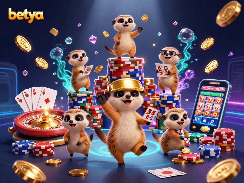 Experience the excitement of betya's cartoon meerkats managing a vibrant casino scene.