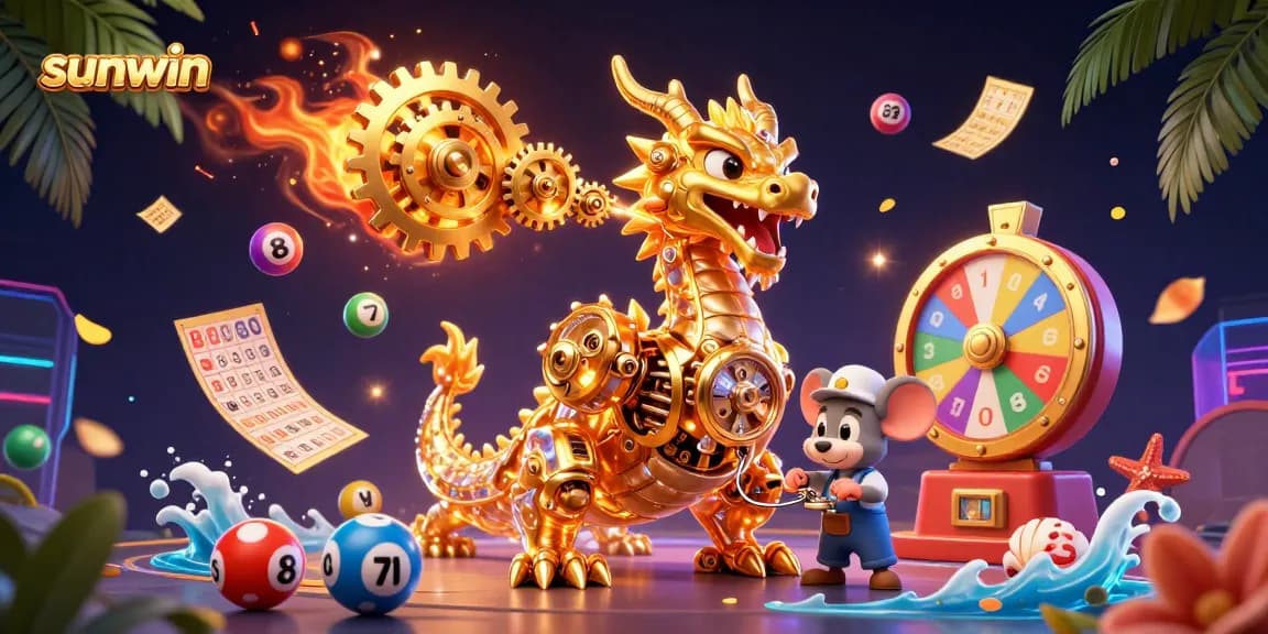 Experience thrilling action with sunwin, showcasing vibrant lottery elements and a golden dragon in a lively casino scene.