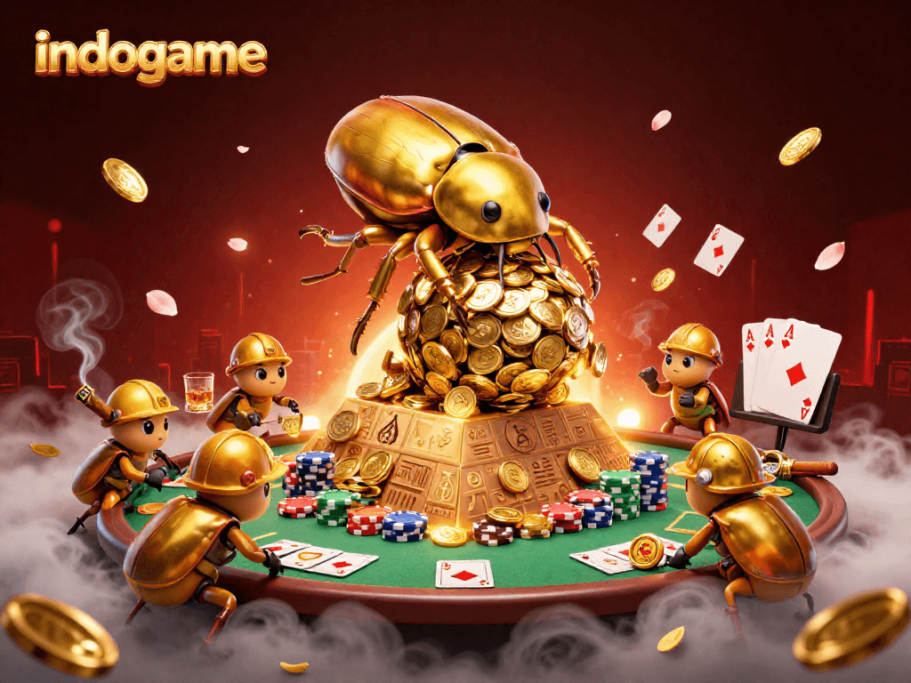 Experience big wins with indogame's thrilling casino scene of gold, cards, and fun.
