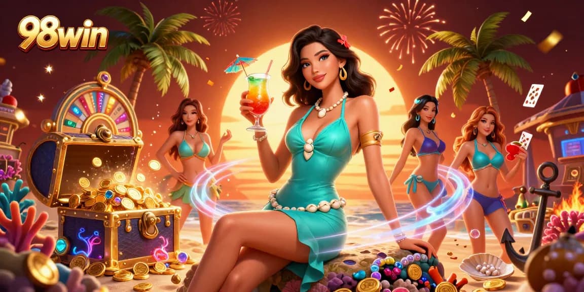 Experience the thrills at 98win with a vibrant casino-themed sunset illustration showcasing excitement and glamour.