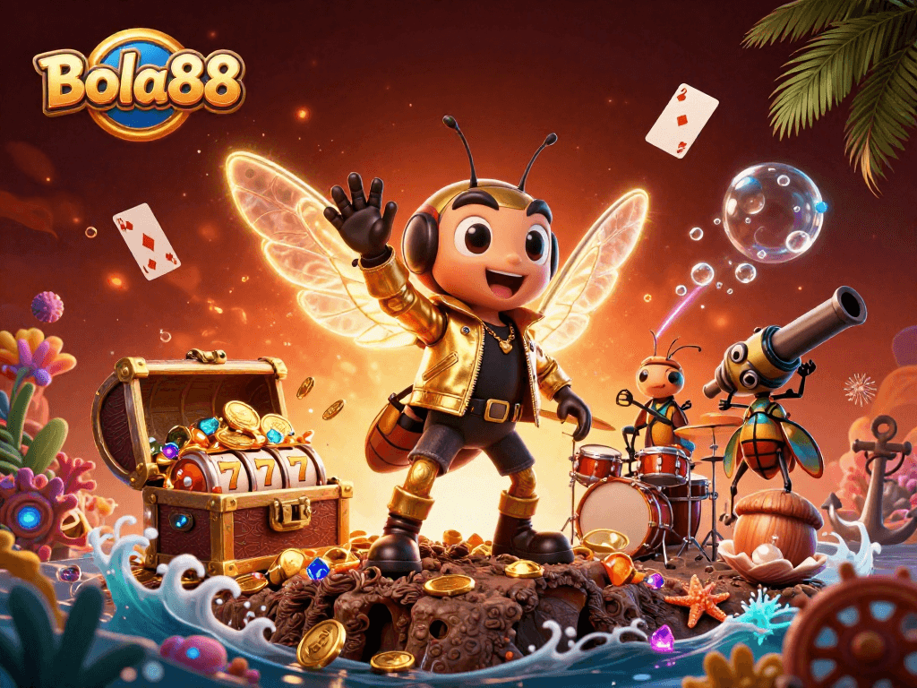 Bola88 menghadirkan ilustrasi 3D keren dengan cicada rock star dan elemen kasino yang kaya.