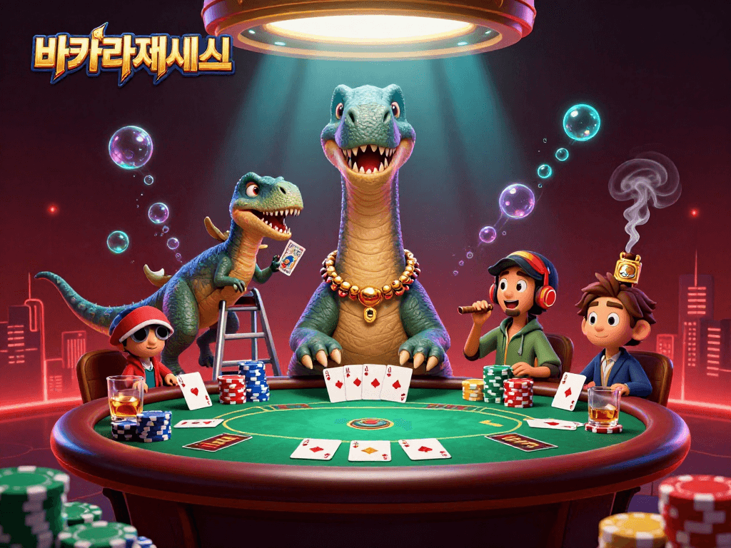 바카라사이트에서 재밌게 카드 딜링을 하는 랩터와 함께한 브론토사우루스의 신나는 장면