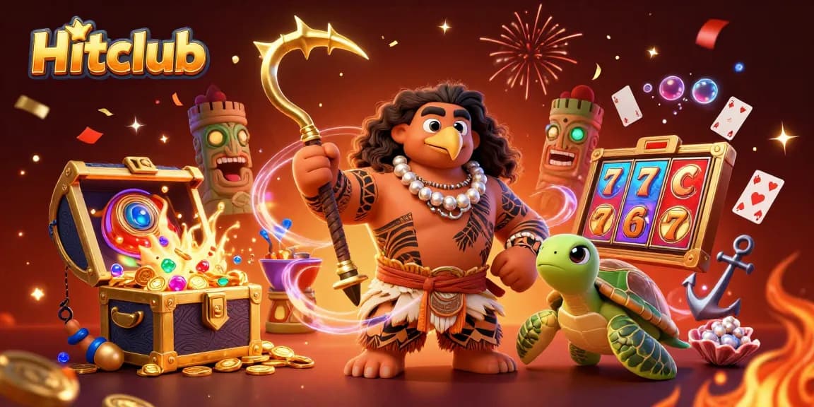 Hitclub jackpot scene showcasing gambling excitement with colorful slot reels and treasures.