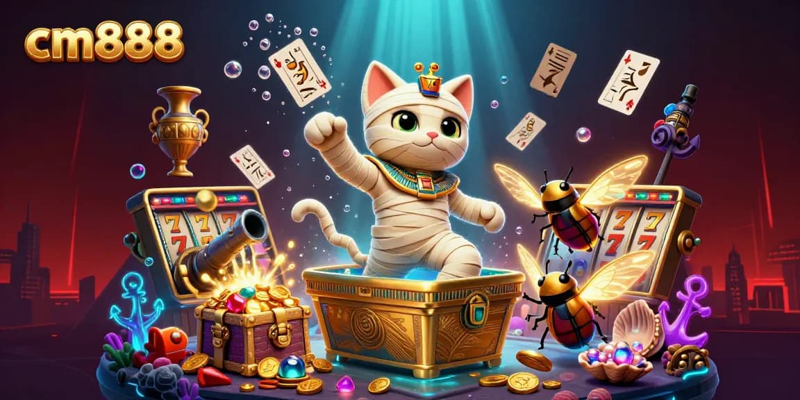 Experience the adrenaline of cm888 with Egyptian-themed slots and treasures in a vibrant casino scene.