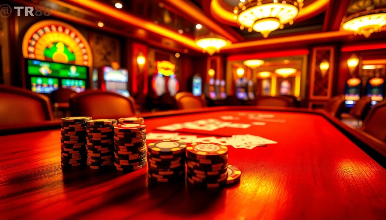 Experience the thrilling ambiance of TR88 with vibrant poker action and dazzling casino elements.