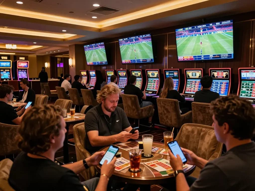 The 7m betting scene shows active patrons analyzing odds at luxurious sports lounge.