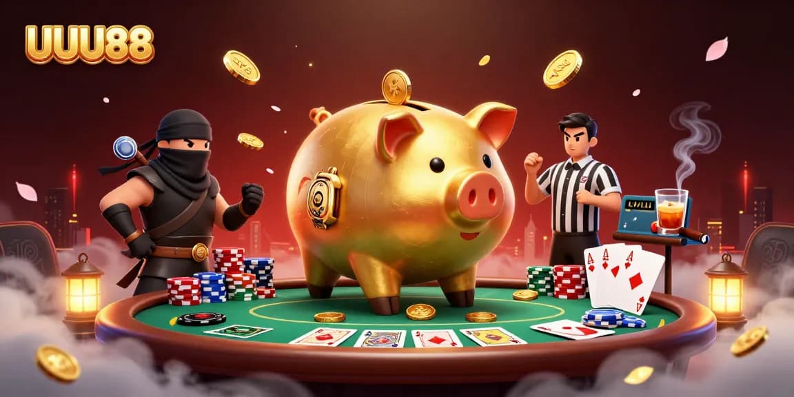 UUU88 casino scene showcasing a sumo wrestler piggy bank, vibrant poker elements, and dynamic energy