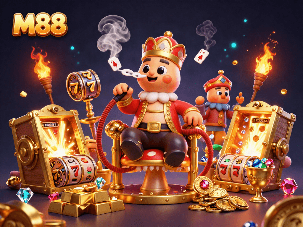 M88 showcases an extravagant 3D casino scene with a caterpillar hookah-master and vibrant slot elements.