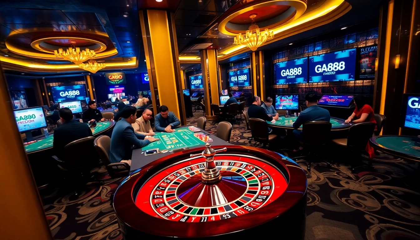 Experience thrilling gaming at GA888 casino with vibrant roulette and poker tables.