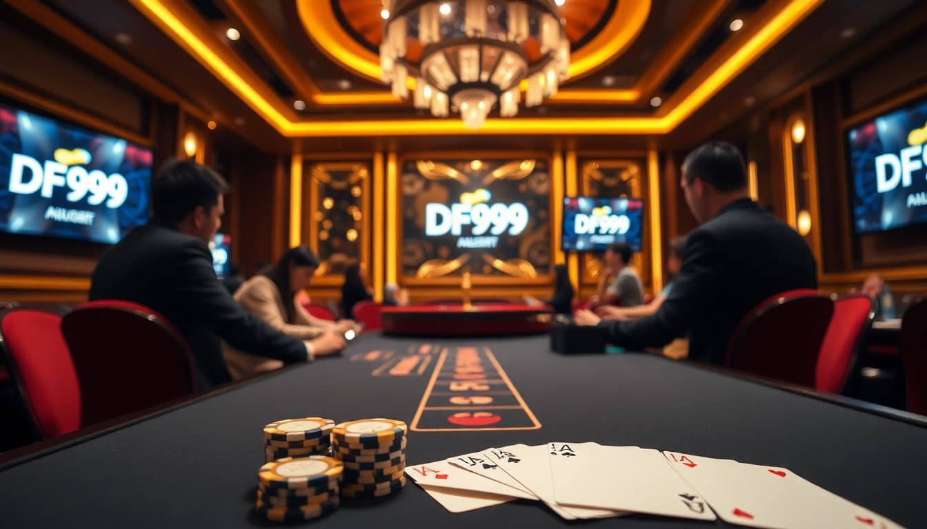 Players enjoy a thrilling game at DF999's upscale casino table with vibrant poker chips and cards.
