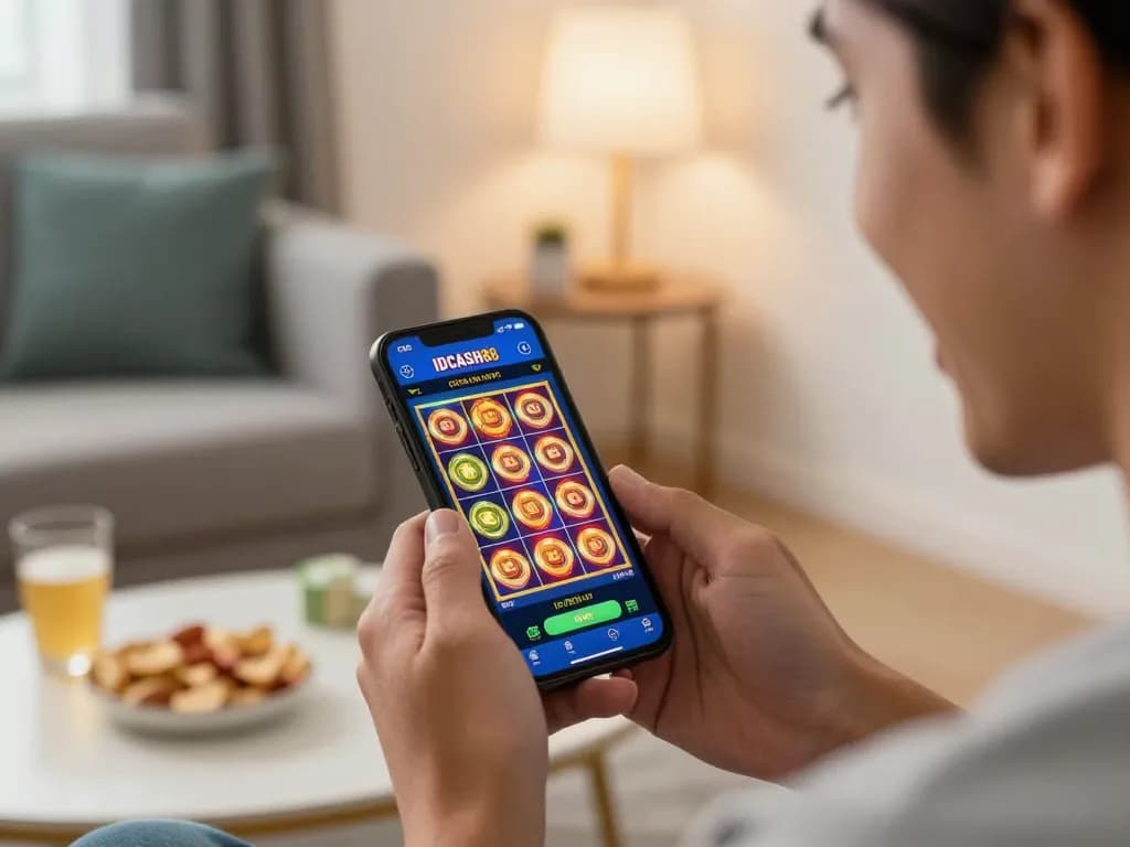 IDCASH88 mobile gaming experience with player enjoying slot games on smartphone in a cozy living room