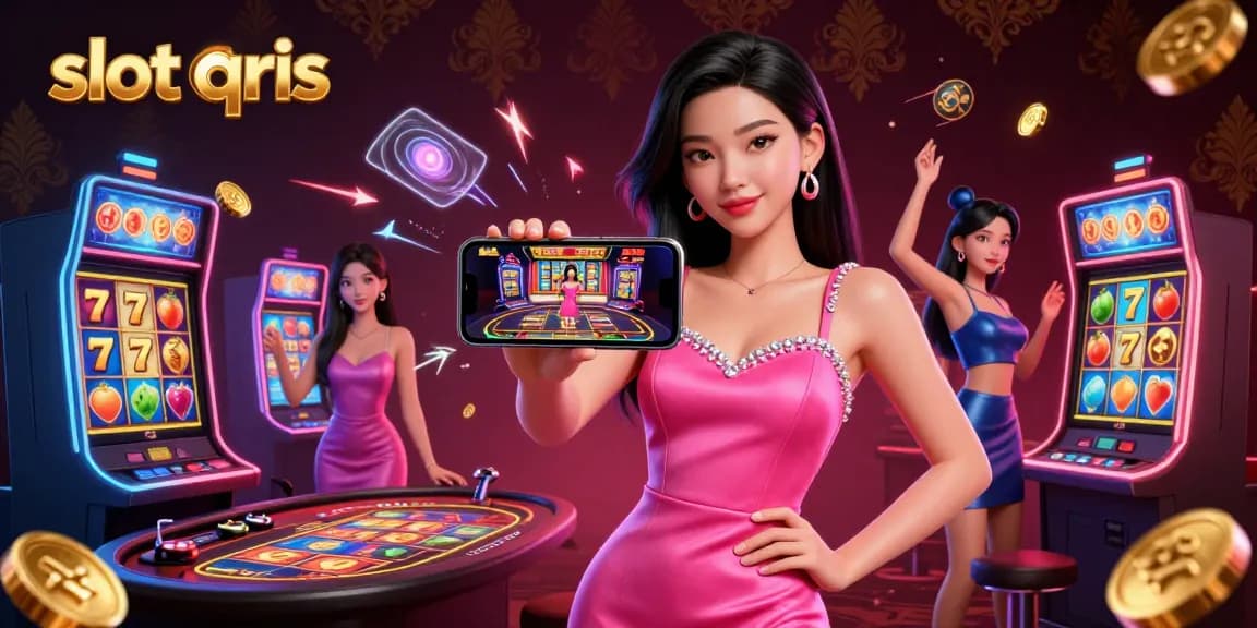 Engage with slot qris action featuring a stunning woman showcasing a live dealer game on her smartphone in a vibrant casino scene.