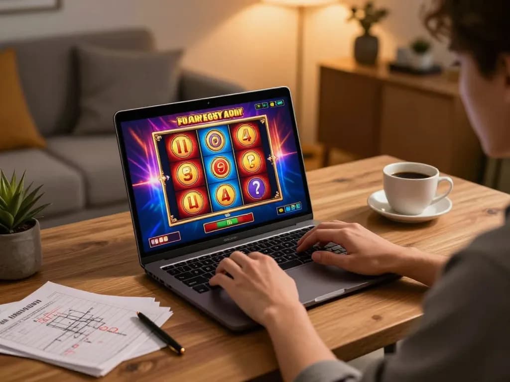 Engaging online slot gaming session on a laptop with colorful reels and cozy home setup.