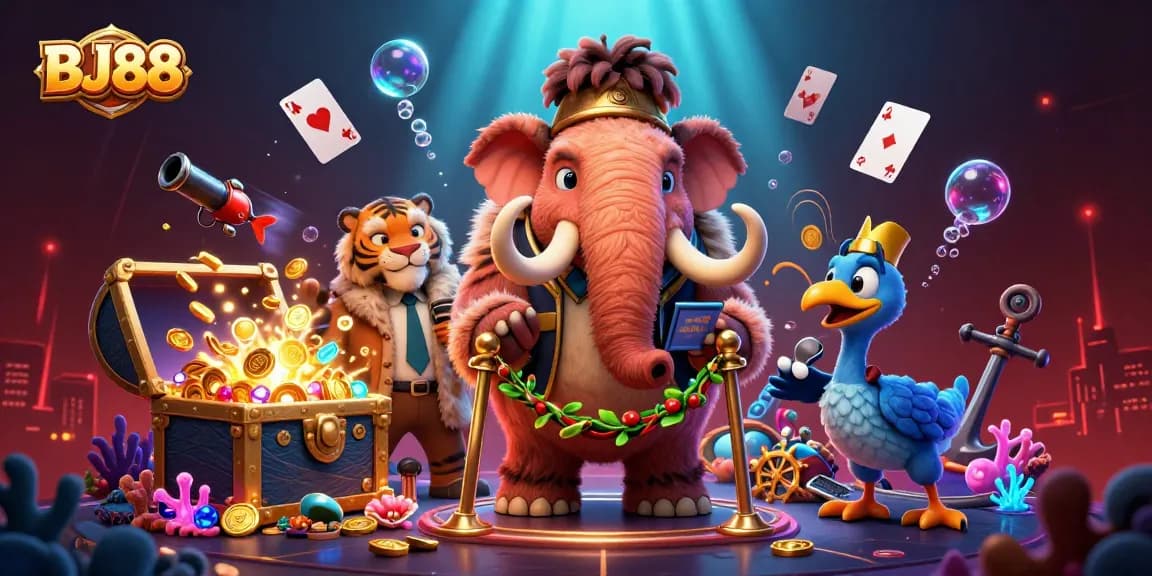 BJ88 casino scene featuring a woolly mammoth bouncer checking IDs at the entrance with vibrant games around.