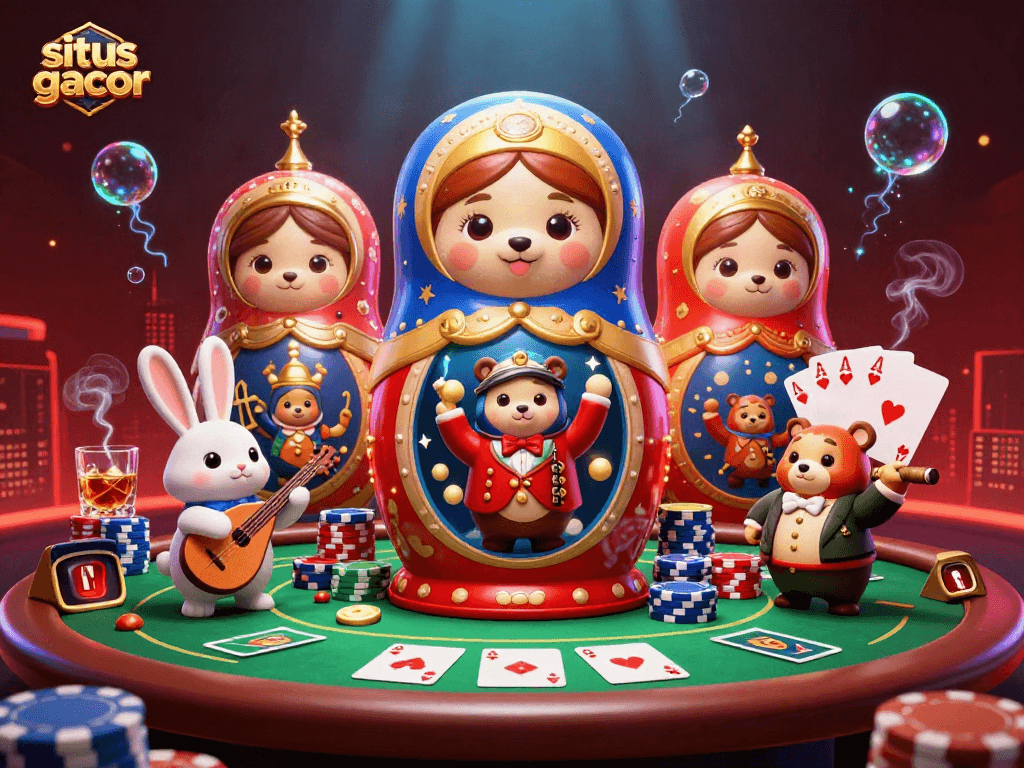 Experience the vibrant world of situs gacor with cartoon characters at a lively poker table.