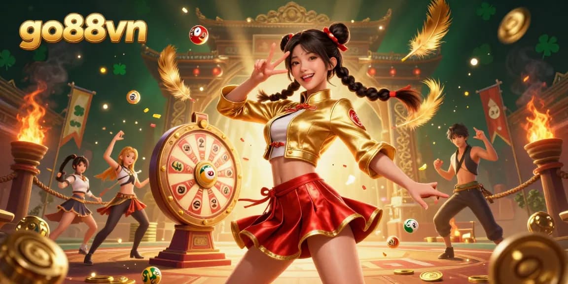 Engage with go88vn's vibrant 3D illustration showcasing exciting lottery games and energetic casino fun.