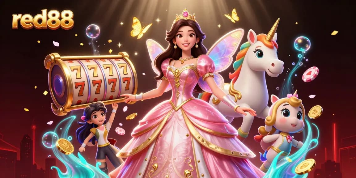 Experience the excitement at red88 with a vibrant casino scene featuring a glamorous Asian woman and a golden unicorn.