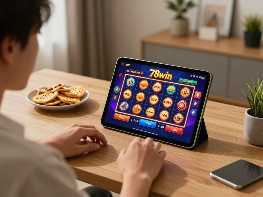 Engaged player enjoying casino games on 78win at home with a tablet and snacks.