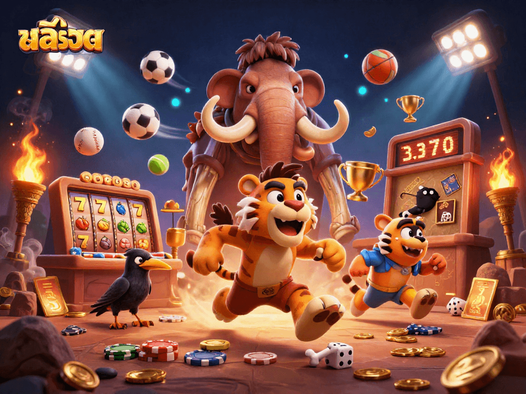 Play สล็อต at a prehistoric casino with cavemen in a vibrant, dynamic scene.