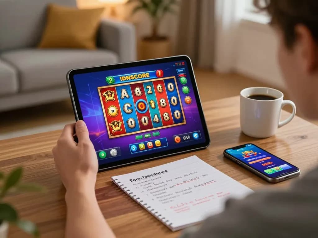 Engage in DAFTAR IDNSCORE gameplay with exciting online slots at home, showcasing strategy notes and a cozy atmosphere